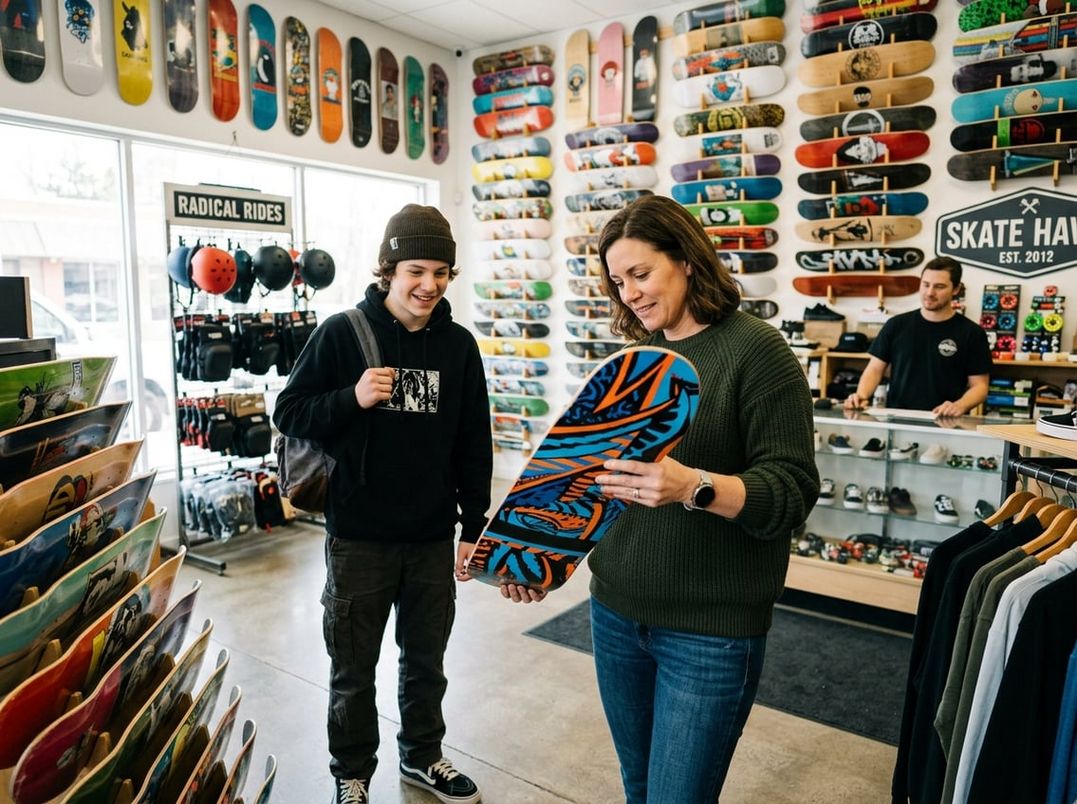 Teenager der kigger på skateboard sammen med sin mor