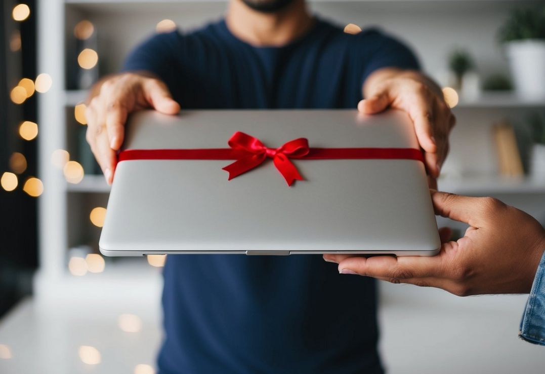 En person giver en brugt Macbook som gave til en der har brug for en ny computer