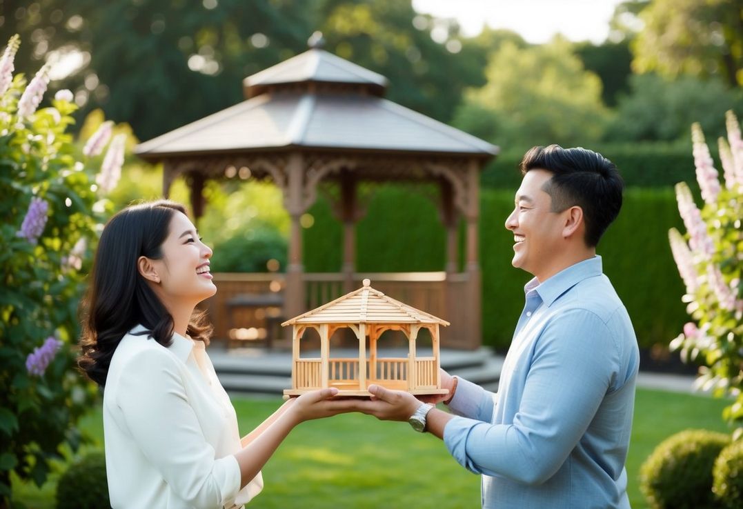 En person præsenterer glædeligt en pavillon til en elsket i en haveindstilling