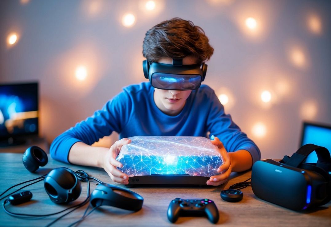 En teenager pakker en holografisk spillekonsol ud omgivet af futuristiske gadgets og virtual reality udstyr